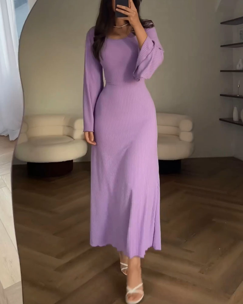 Lang Strikket Kjole Med Lange Ærmer Og Talje For Kvinder | Velegnet Til Hverdagsoutfits