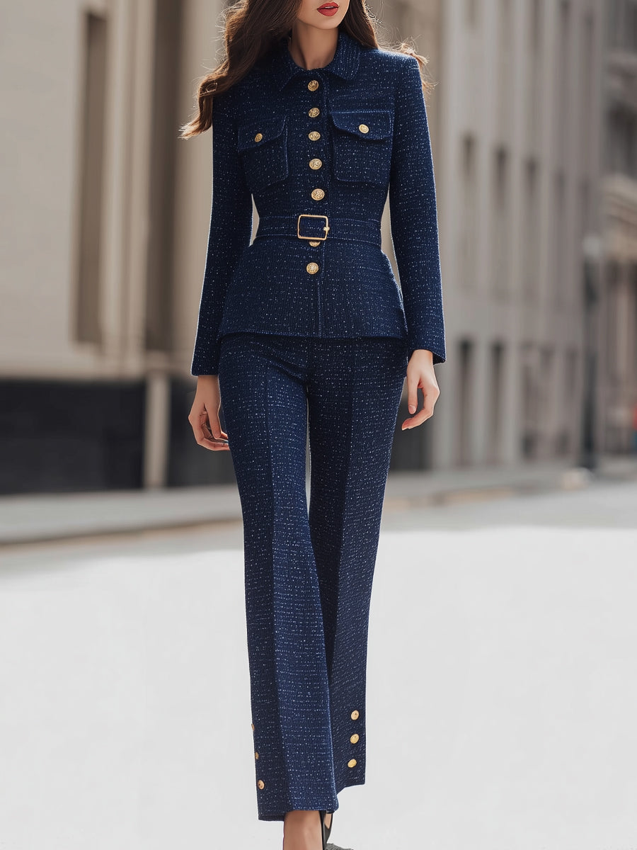 Tweed Bælte Blazer Og Bukser Sæt Med Guld Knapper