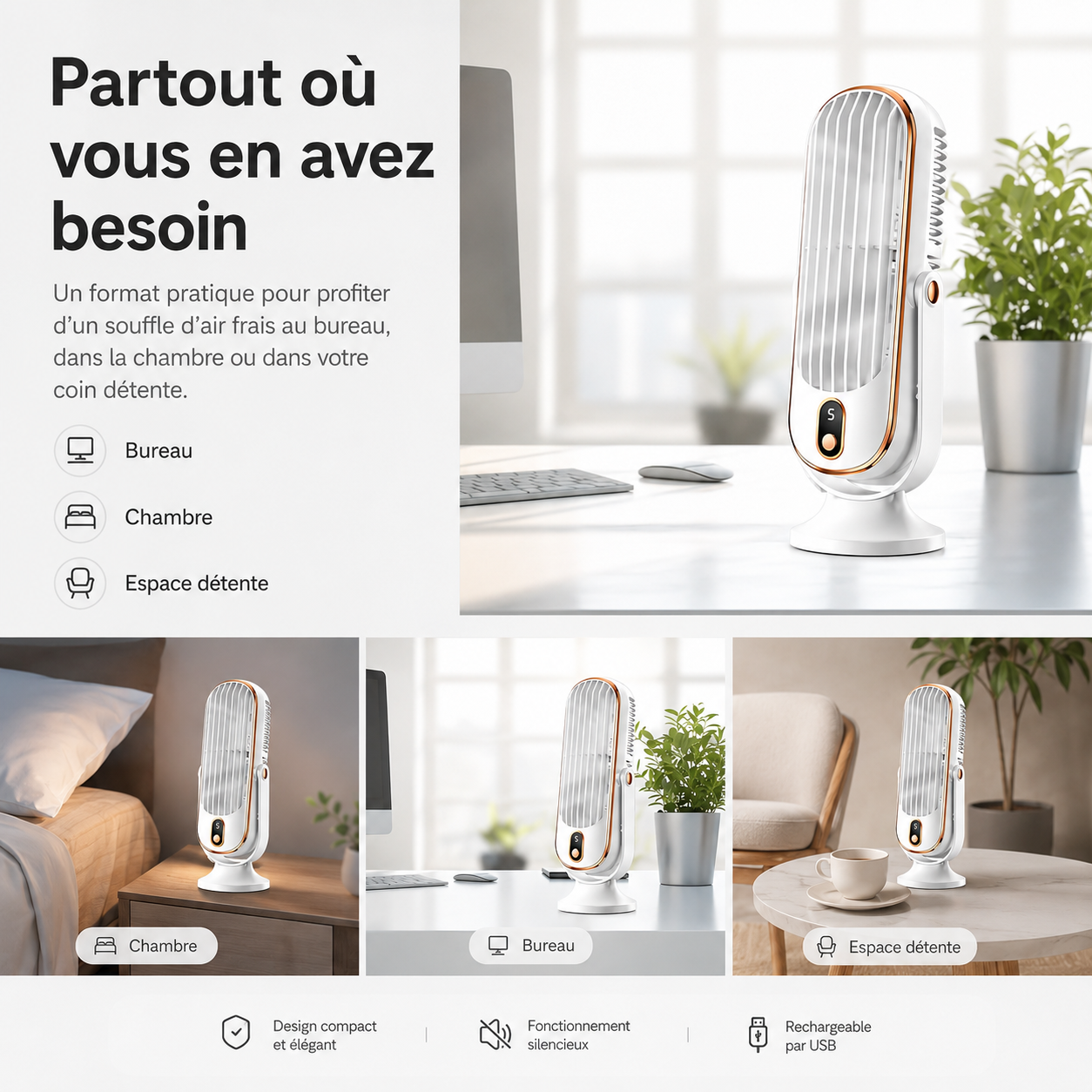 AeroLux Elite Køleventilator | Dobbelt Motor, 720° Rotation, Genopladelig via USB & Ultra Stille for Ultimativ Komfort Overalt