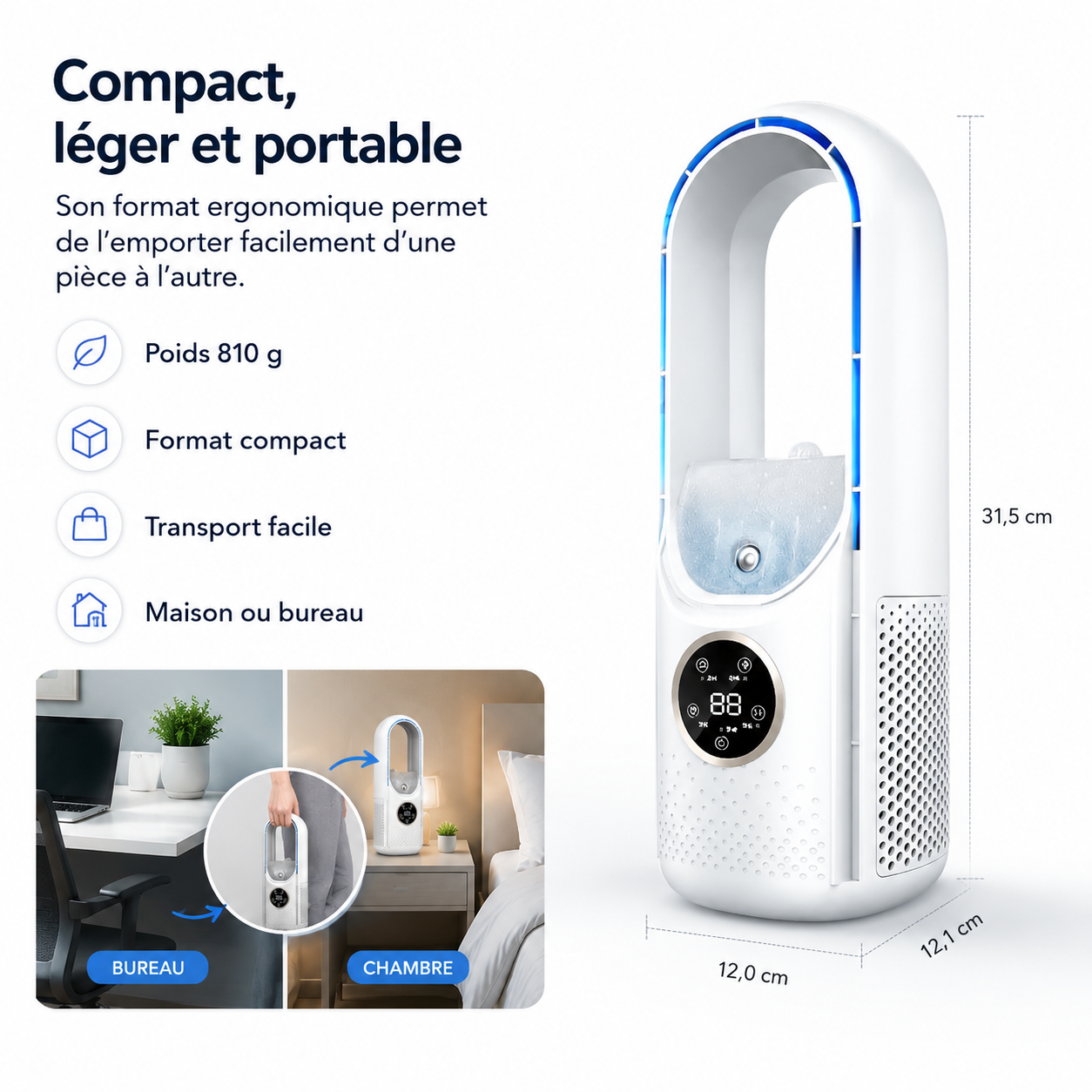 Airevo Luftkøler | USB Ventilator Uden Blade | 6 Niveauer | Stille & Med Timer | Luftfugter