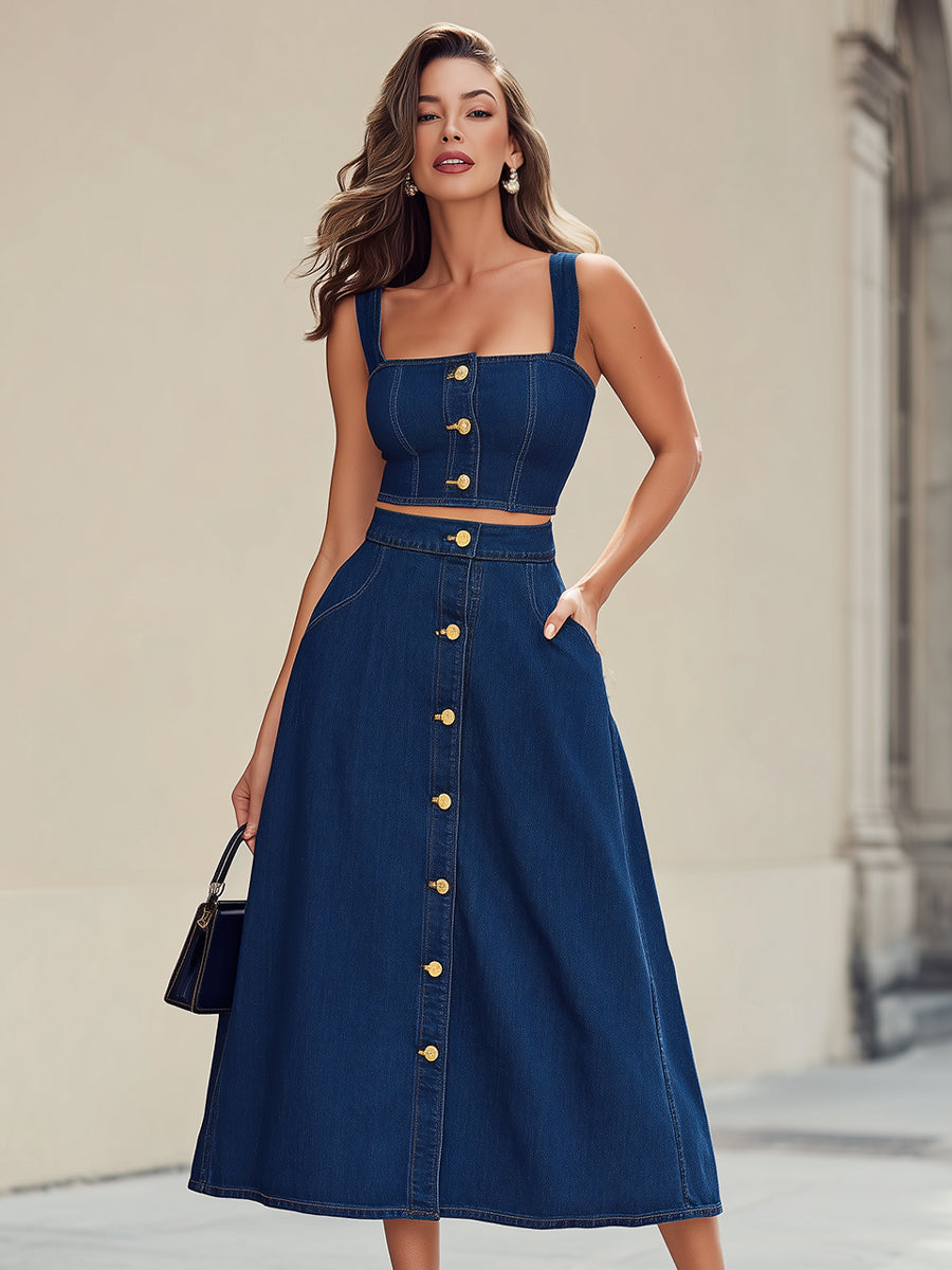 Retro Indigo Denim Bustier Crop Top & Maxi Skirt To-delt Sæt