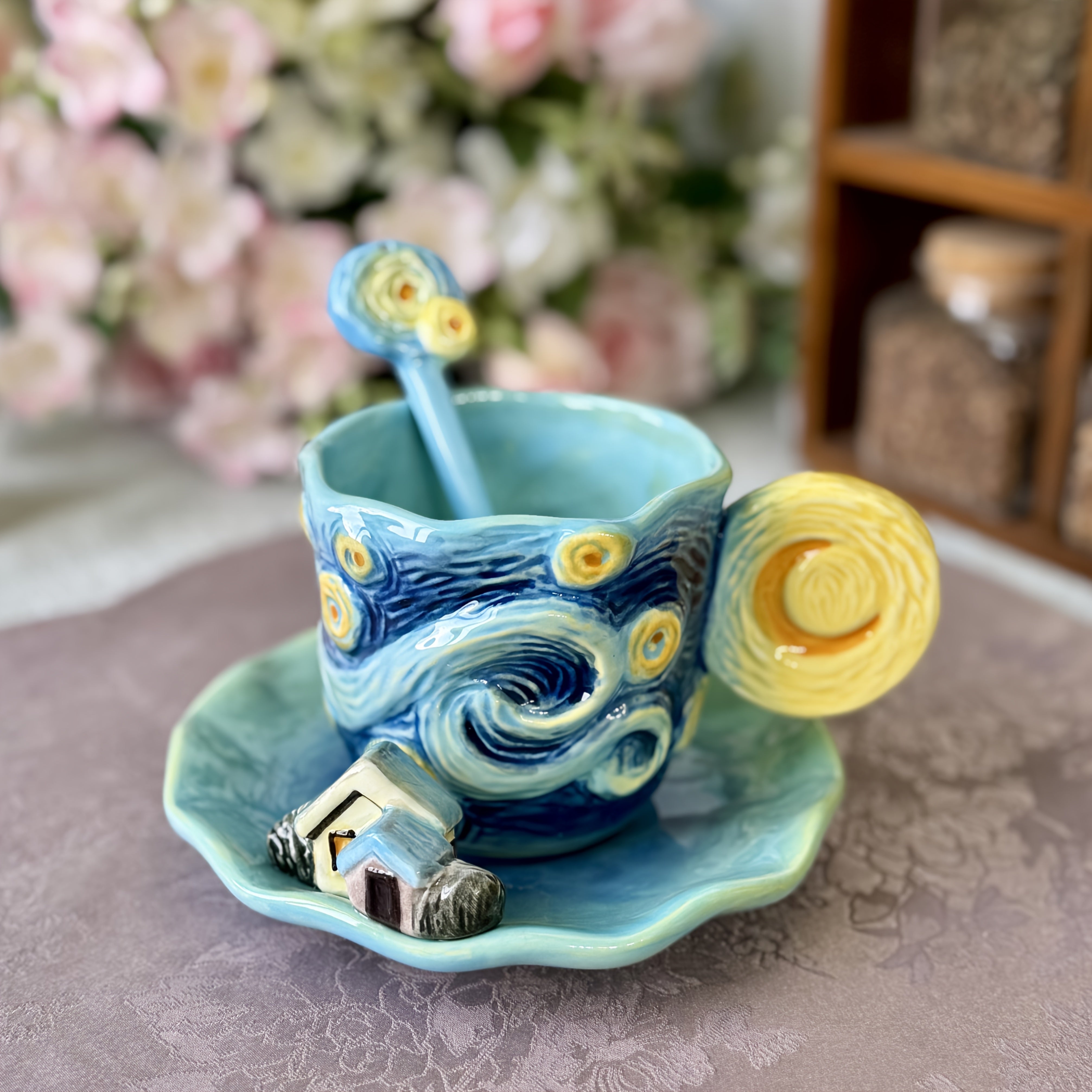 ArtSip Keramisk Kop & Skål Sæt – Håndmalet 3D Design inspireret af Van Gogh