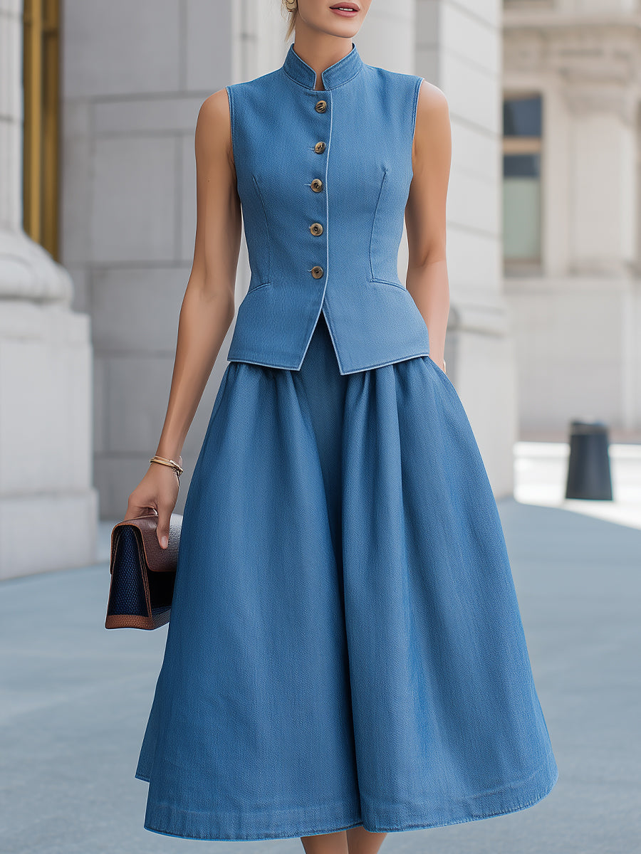 Denim Blå Mandarin Krave Vest & Midi Skirt To-Stykke Sæt