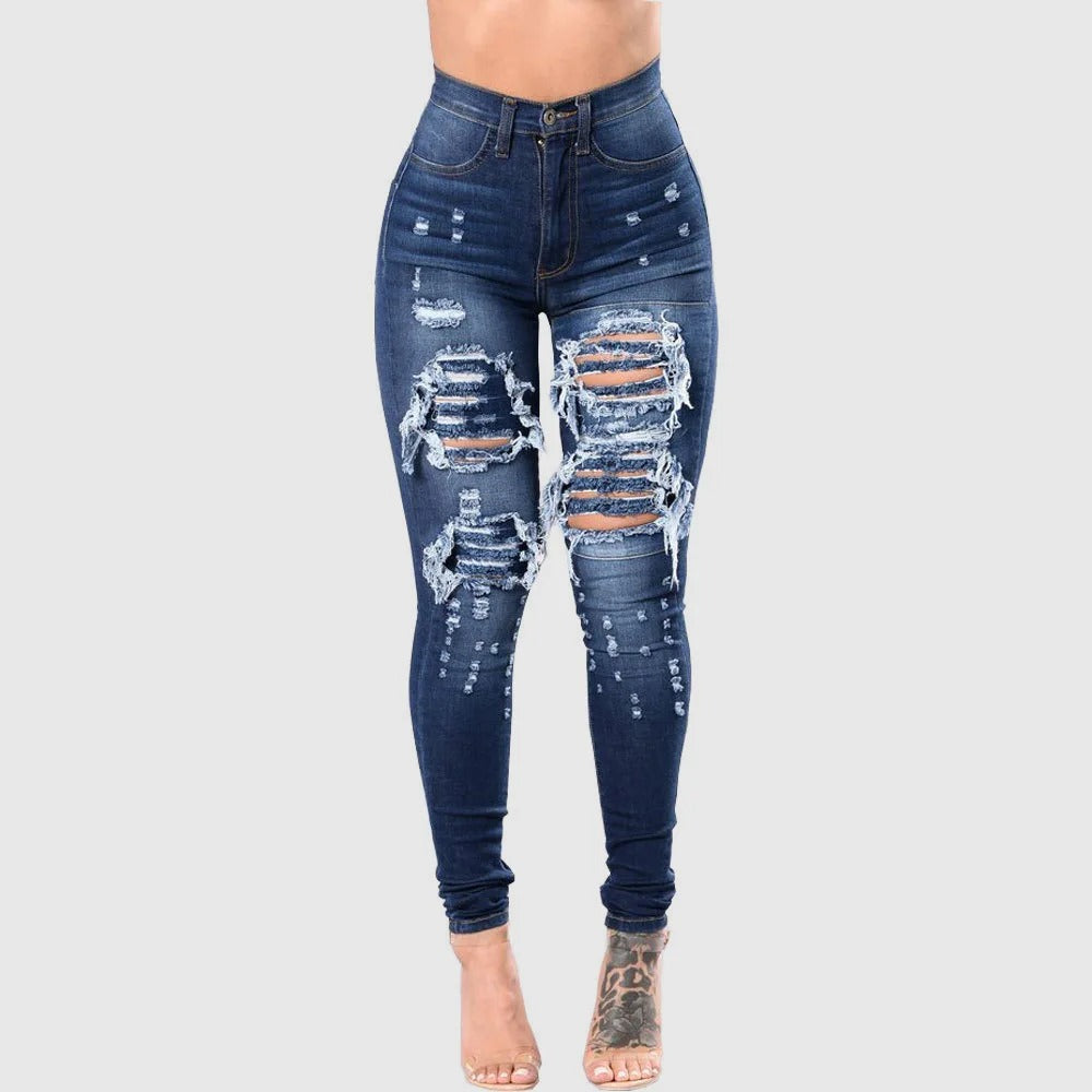 Rippede jeans med høj talje til kvinder