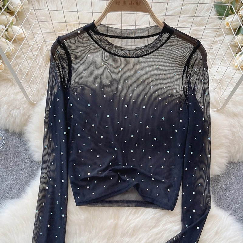 Dame Rhinestone Mesh langærmet Crop Top