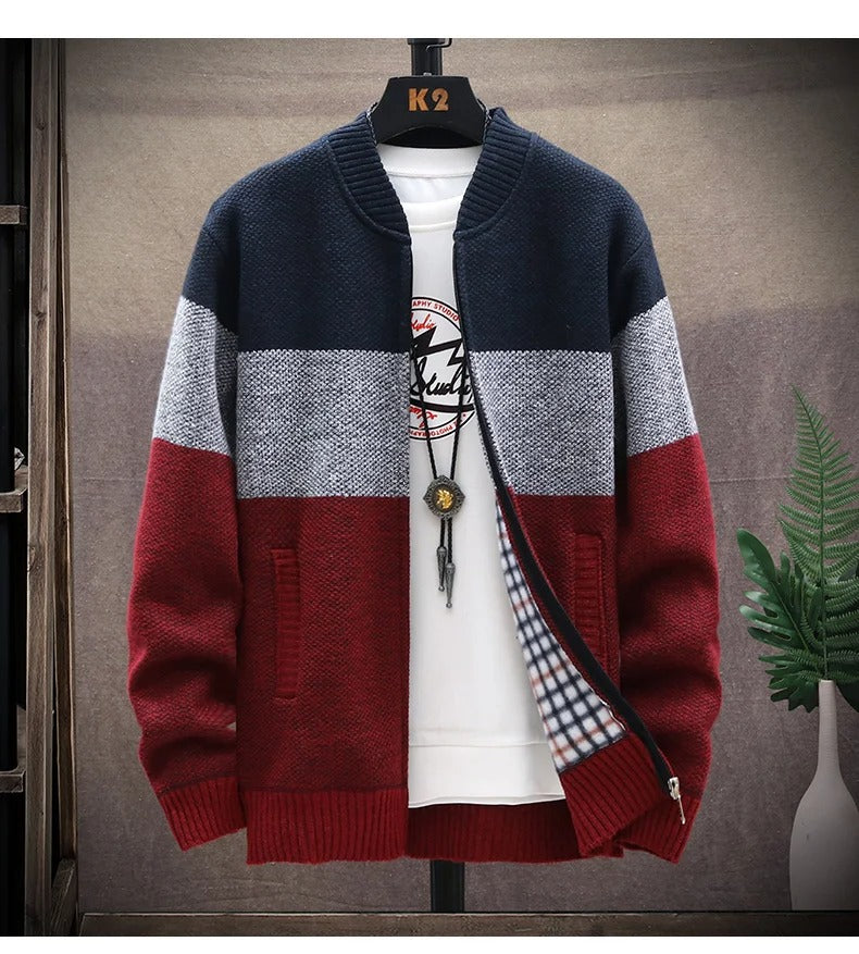 Fleece-cardigan med kontraststriber til mænd