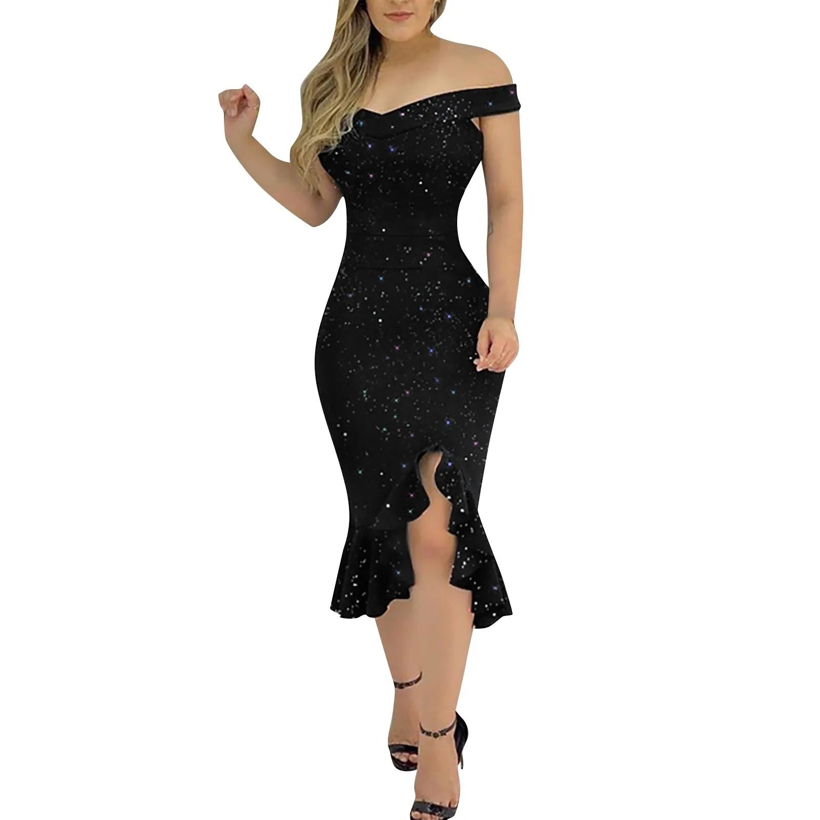 Off-shoulder chiffonkjole med pailletter og flæser til kvinder
