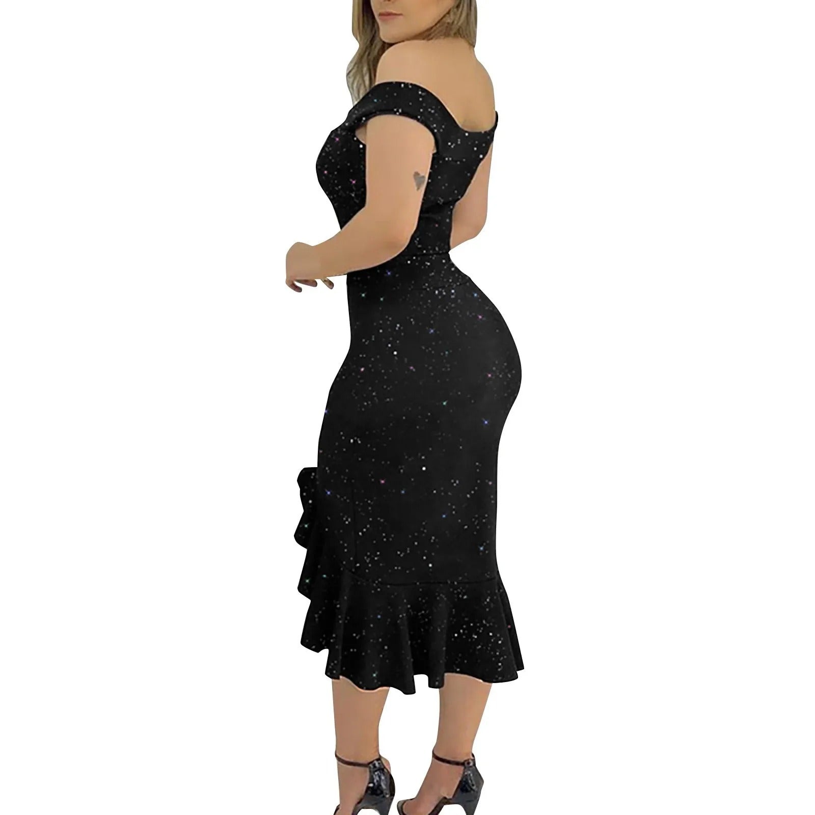Off-shoulder chiffonkjole med pailletter og flæser til kvinder