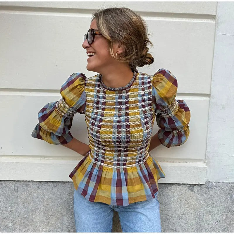 Plaid Puff Sleeve Tee til kvinder