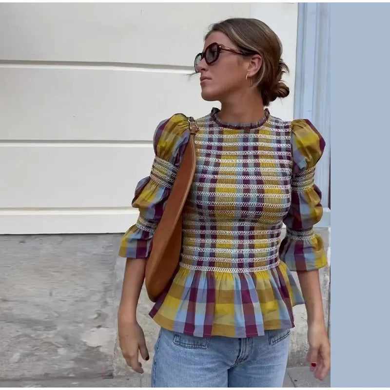 Plaid Puff Sleeve Tee til kvinder