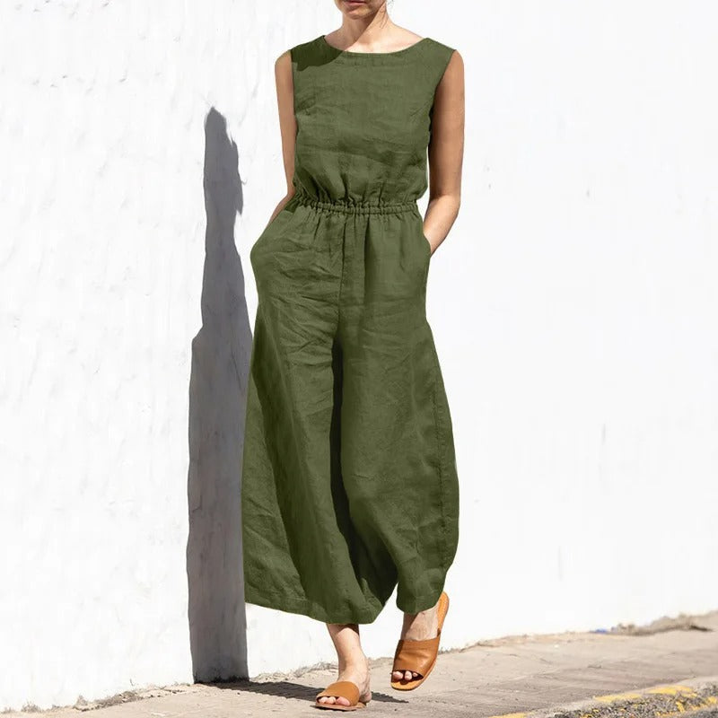 Jumpsuit med høj talje i bomuld og hør til kvinder