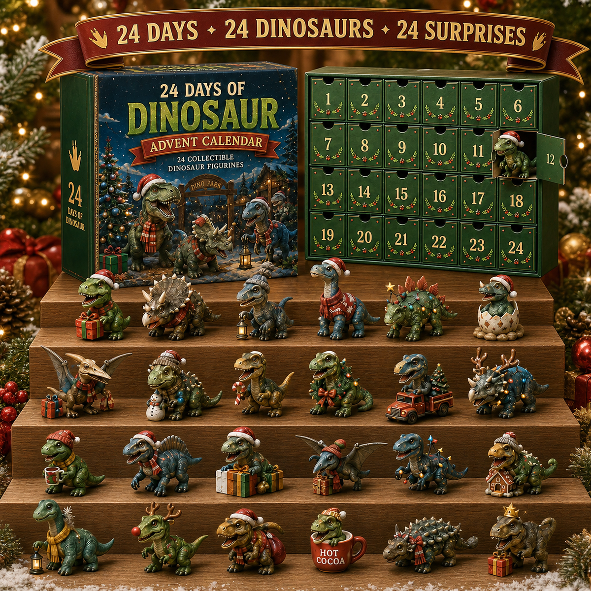Dinosaur Christmas Advent Calendar – 24 Days, 24 Dino Collectible Figures