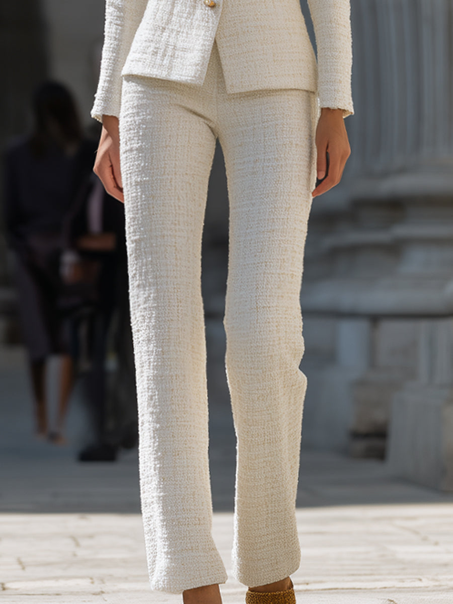 Elfenbens Tweed Square-Neck Suit Set
