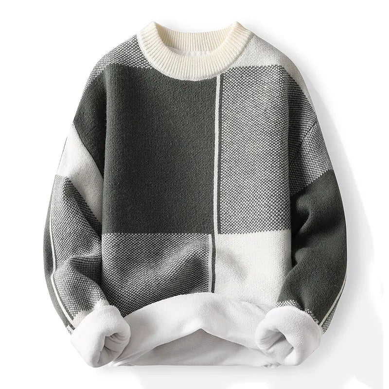 Herre Farveblok Strikket Jumper – Rund Hals, Lange Ærmer - Geometrisk Design