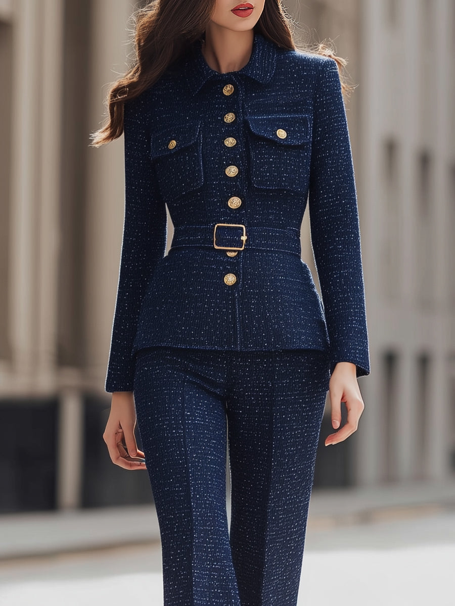 Tweed Bælte Blazer Og Bukser Sæt Med Guld Knapper