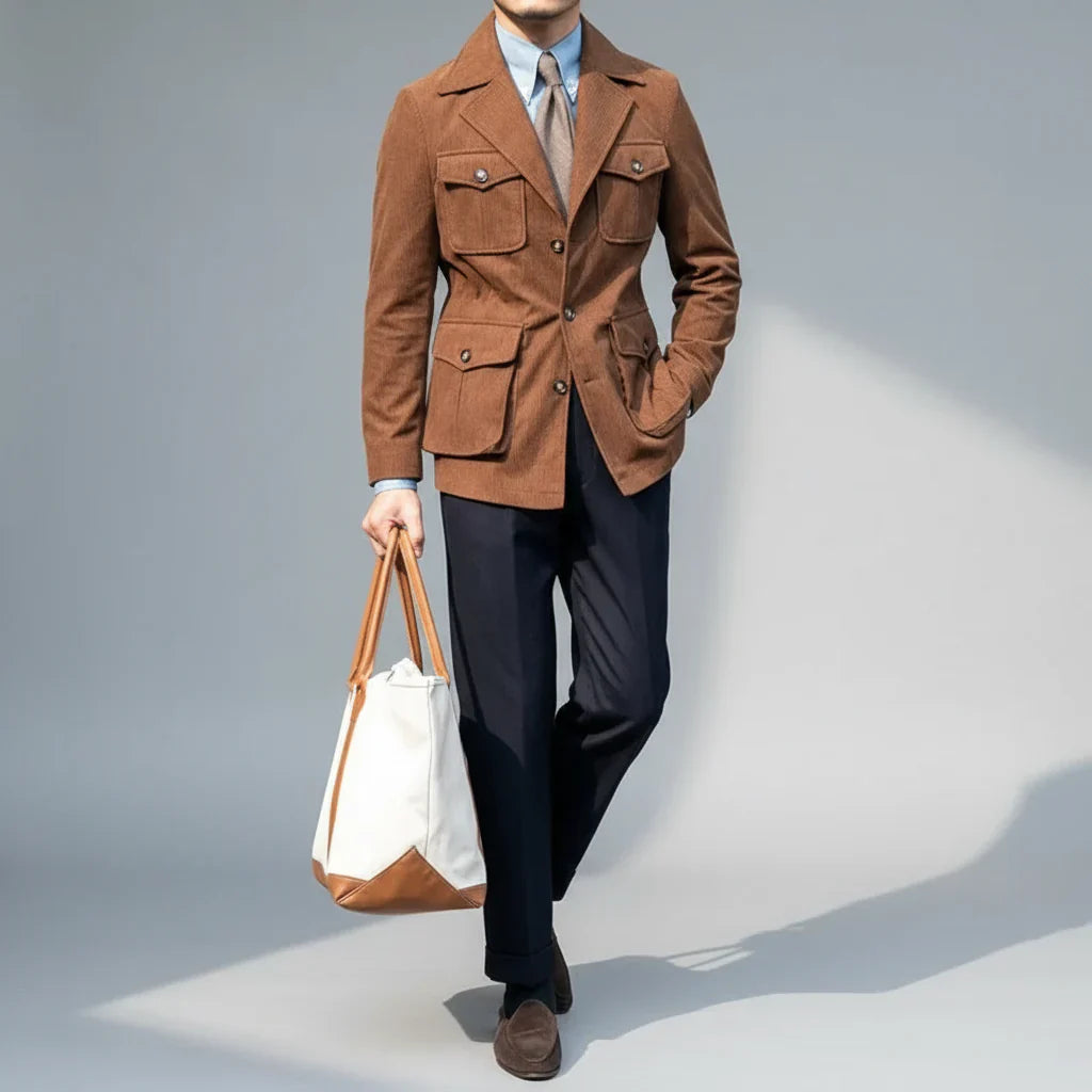 Herre Skræddersyet Blazer – Herringbone med Guldtonede Knapper