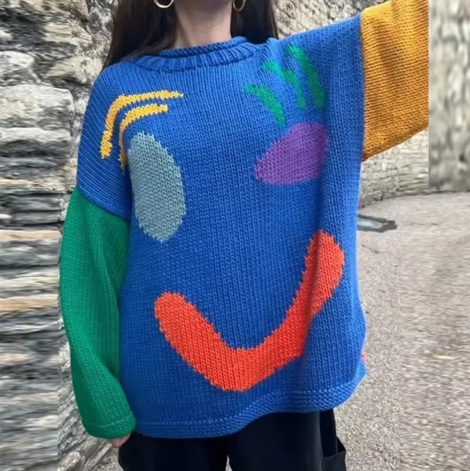 Fay Oversize Bohemian Kvinders Sweater – Blød Bomulds Sweatshirt med Trendy Smile Mønster
