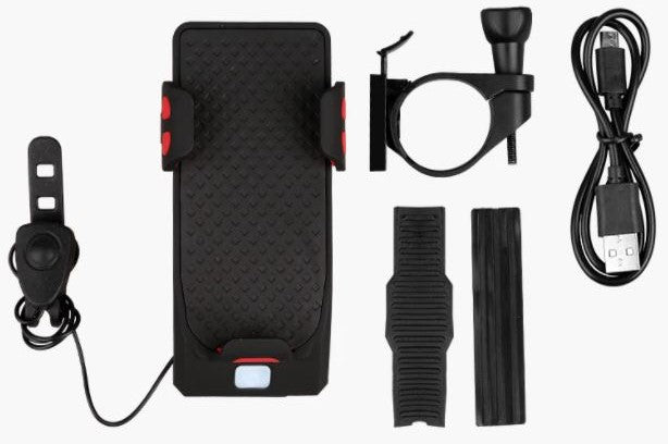 4-i-1 Cykelgadgets – Telefonholder, Powerbank, LED Belysning og Klaxon