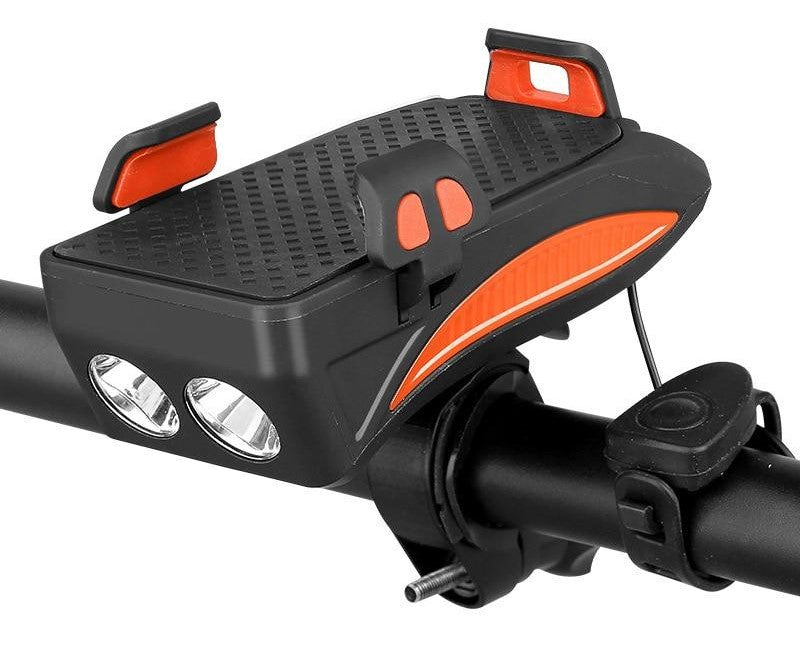 4-i-1 Cykelgadgets – Telefonholder, Powerbank, LED Belysning og Klaxon