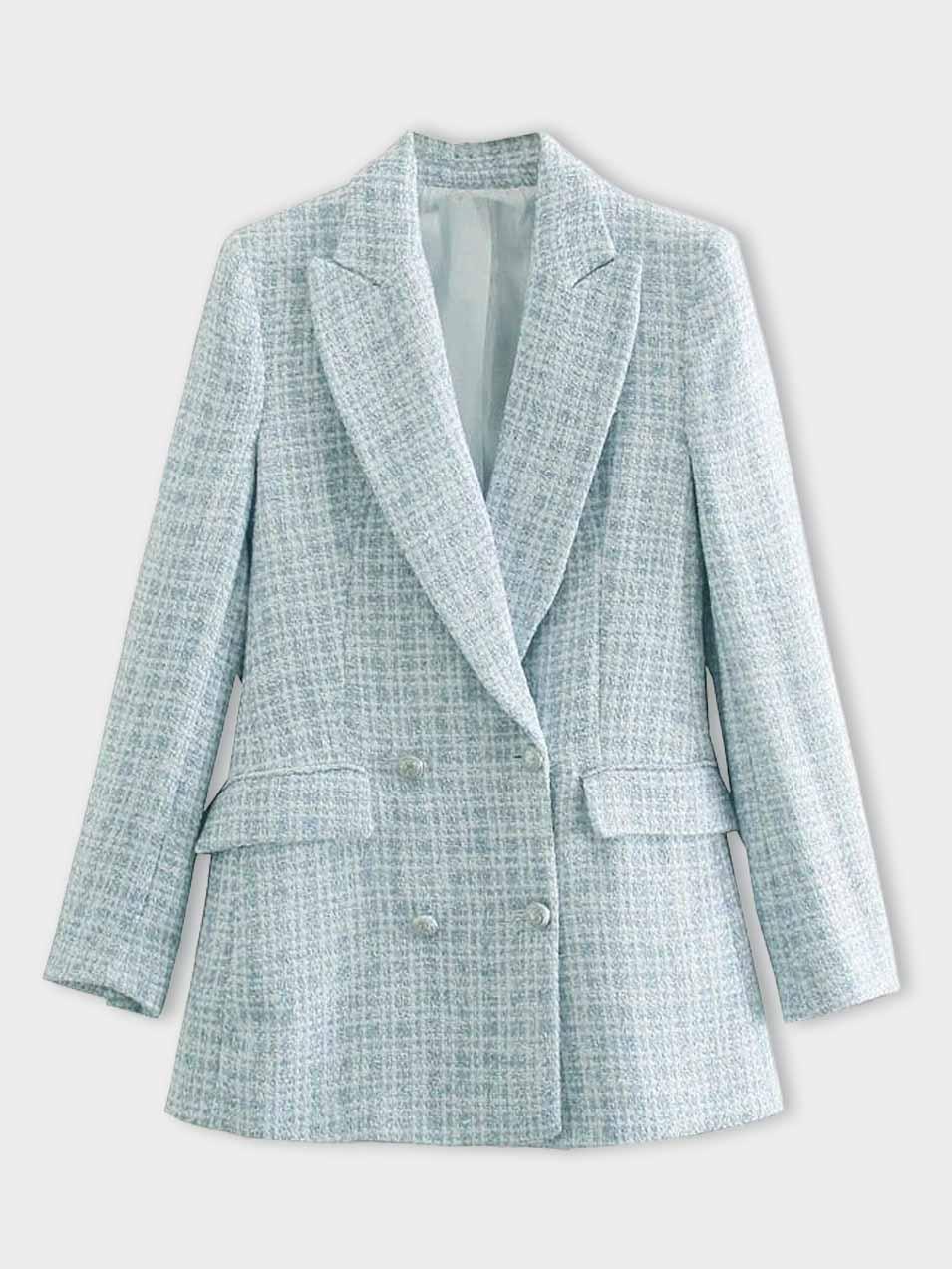 Charlotte Blazer Dame i Tweed – Elegant Lyseblå Jakke med Dobbelt Knap Design