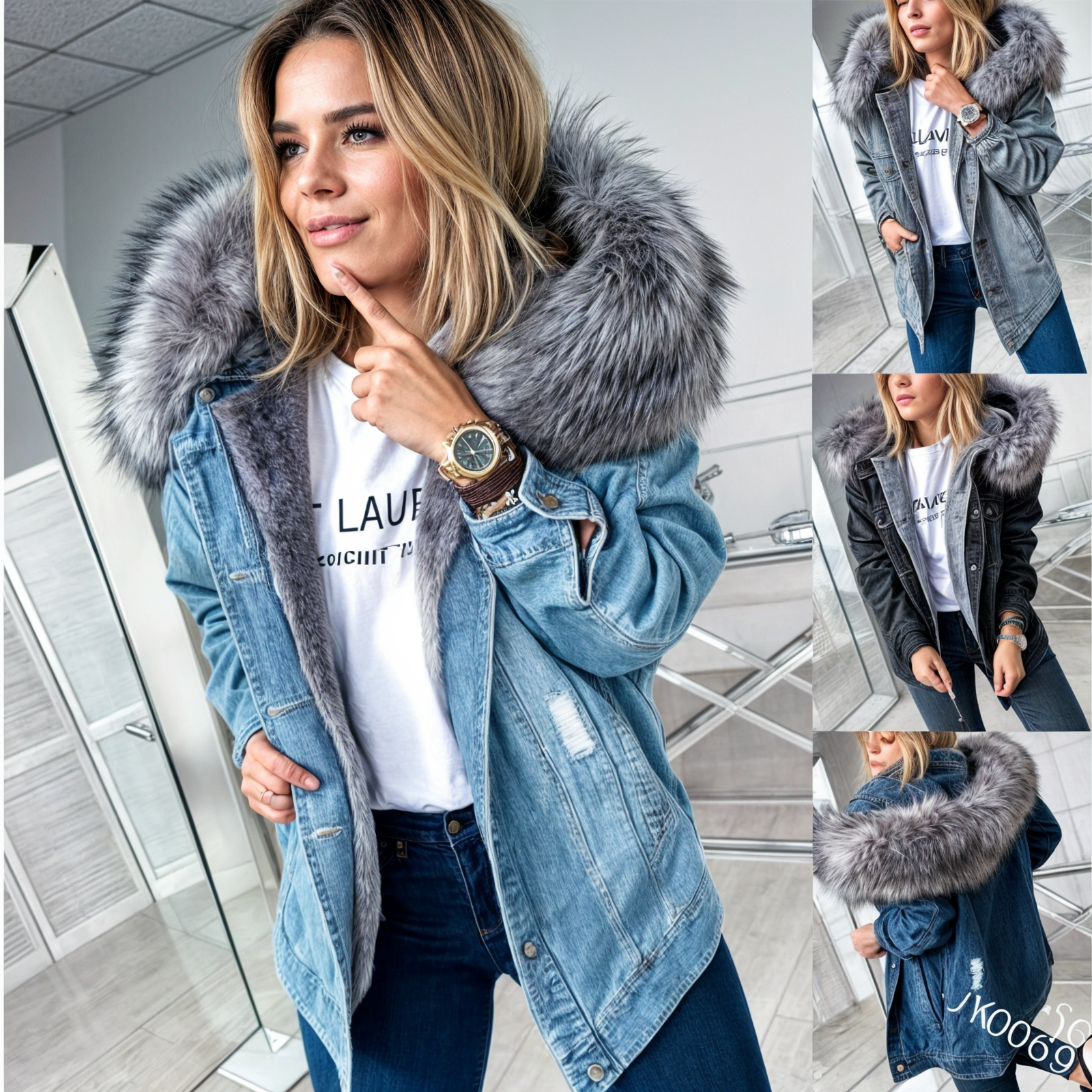 Denimjakke med pelskrave til kvinder