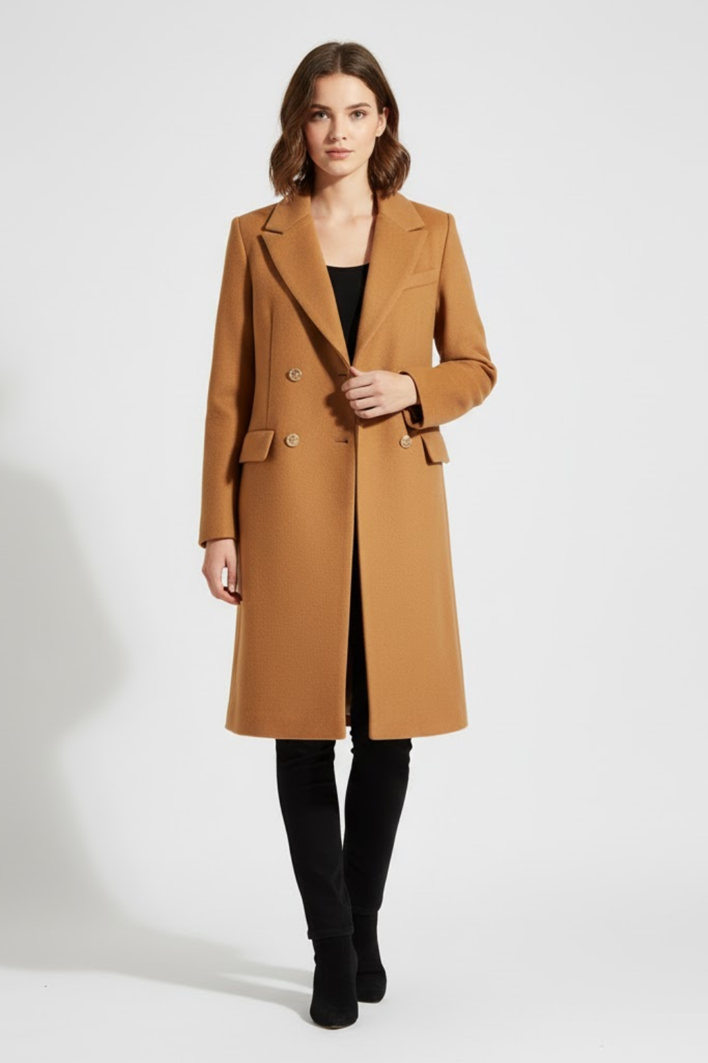Kvindernes Camel Struktureret Peacoat – Dobbeltbrystet med Guldknapper