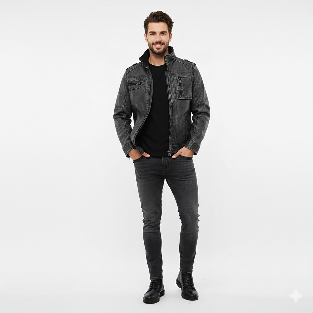 Zayron Herre Læderjakke – Læder Blouson med Ståkrave i Tidøst Stil