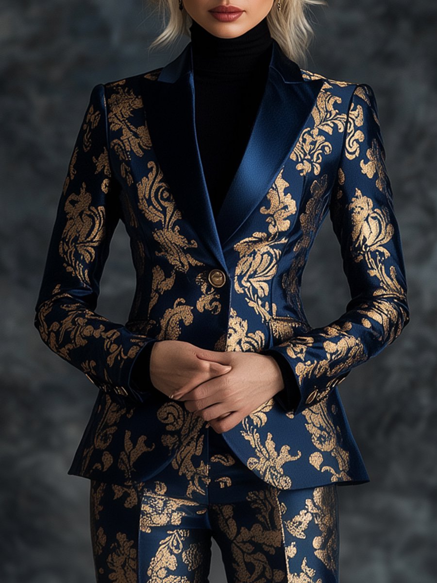 Overdådig Royal Blå Satin Dragt med Gyldne Ornate Motiver Trykt