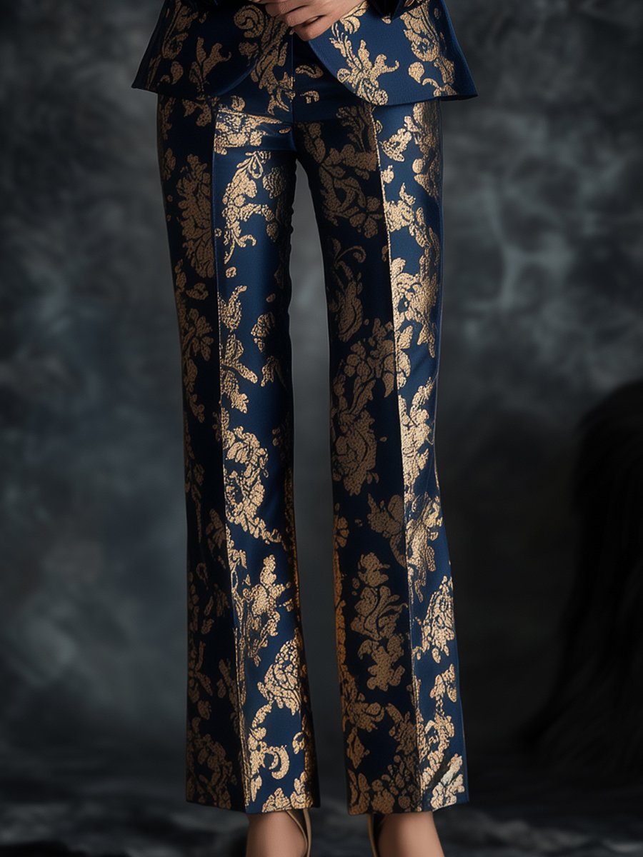 Overdådig Royal Blå Satin Dragt med Gyldne Ornate Motiver Trykt