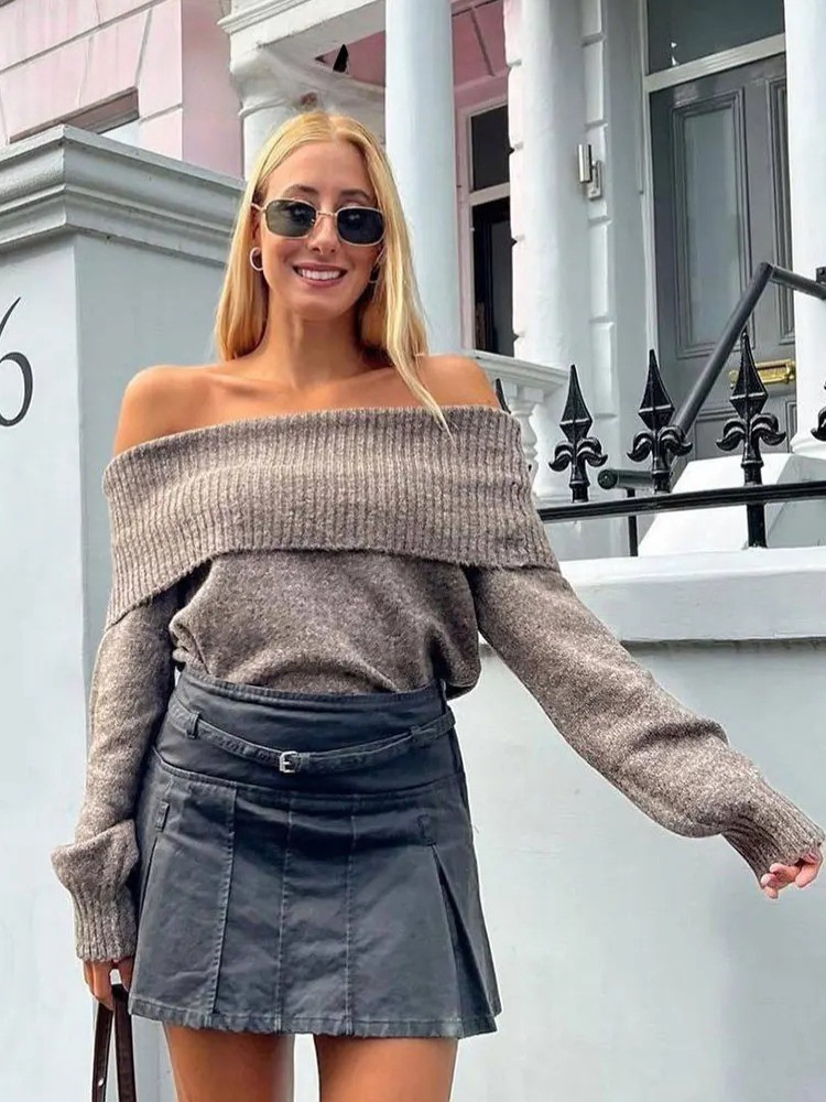 Strikket off shoulder-sweater til kvinder