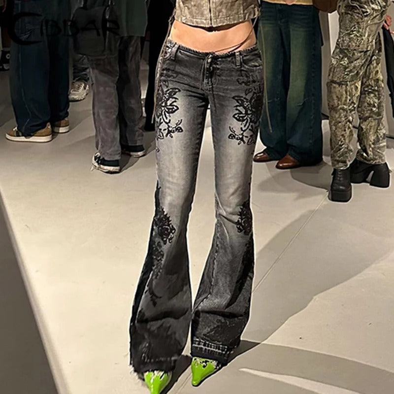 Blomsterprint lavtaljede denimbukser