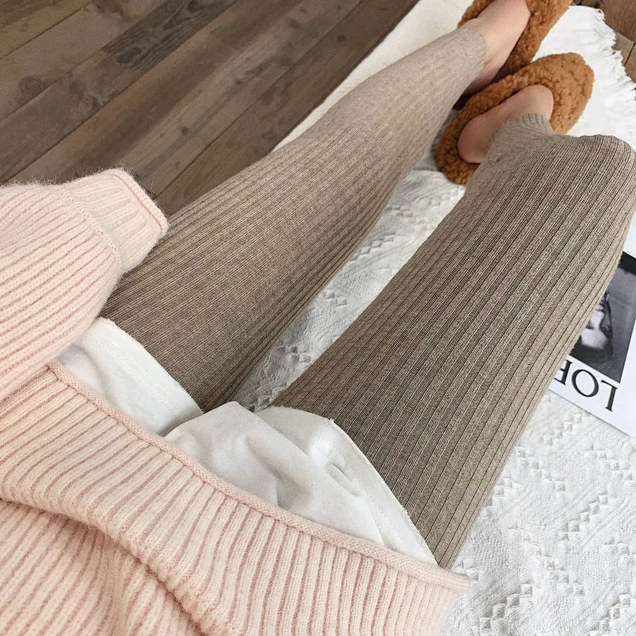 Strikkede ribbede leggings med høj talje til kvinder
