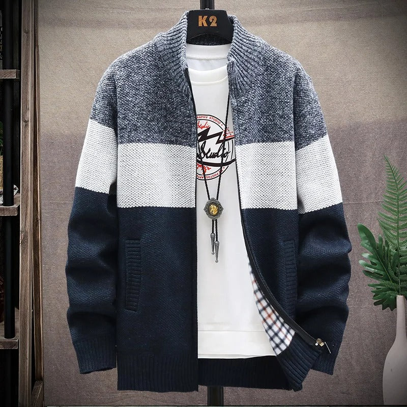 Fleece-cardigan med kontraststriber til mænd