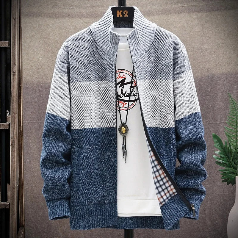 Fleece-cardigan med kontraststriber til mænd