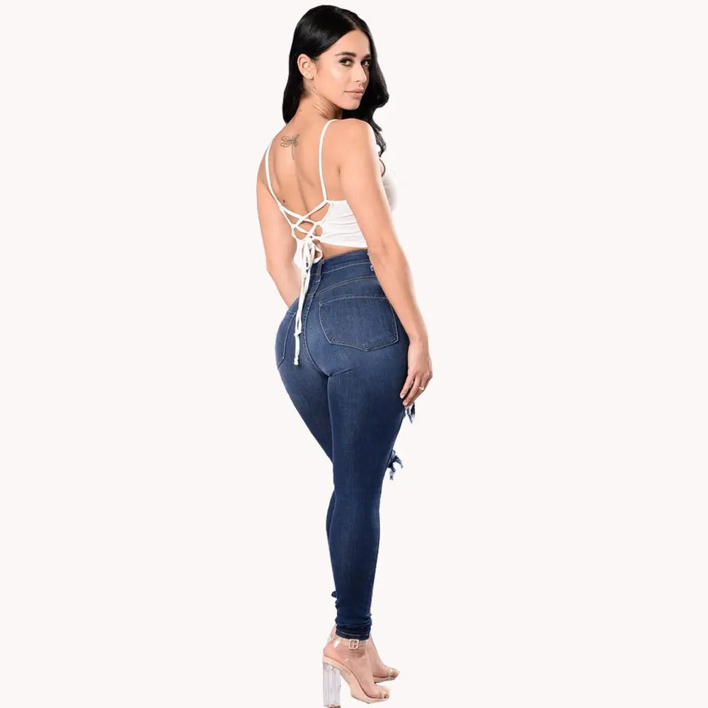 Rippede jeans med høj talje til kvinder