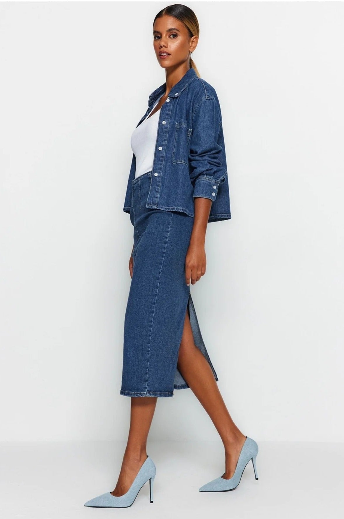 Midi Pencil denimnederdel til kvinder
