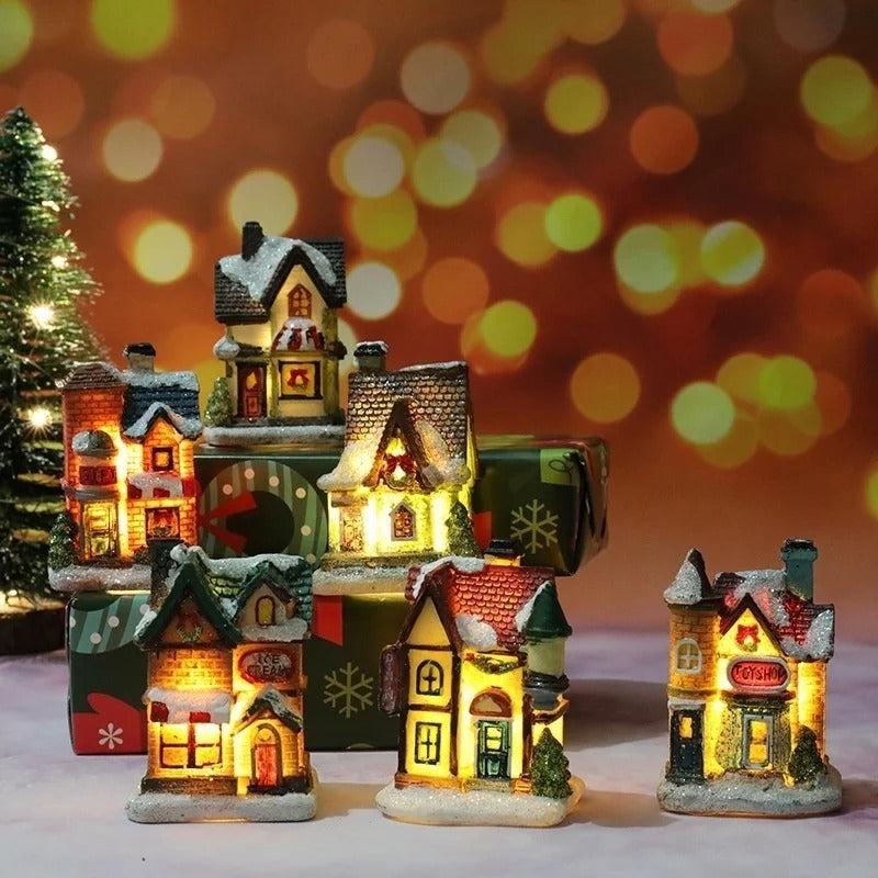 6 stk. sæt LED-julescene-landsbyhuse