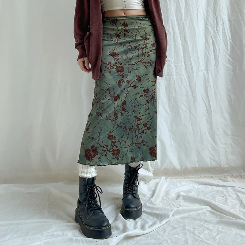 Vintage midi-nederdel med blomsterprint