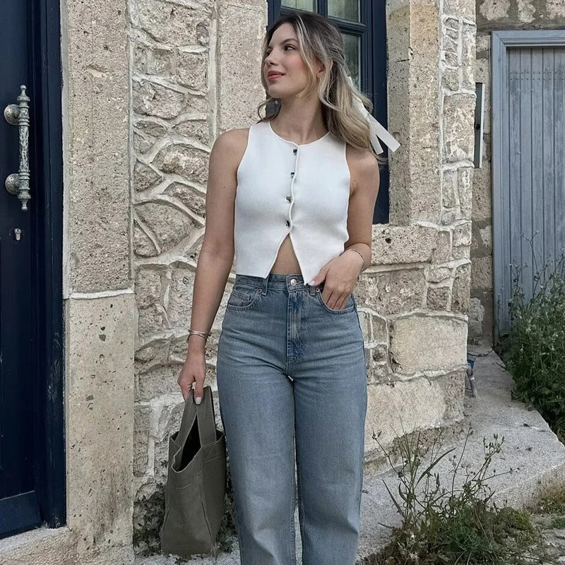 Strikket Crop Tank Top med knapper til kvinder