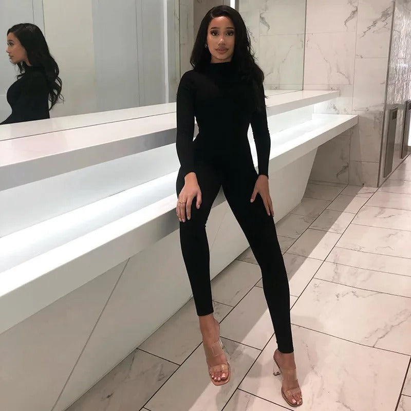 Dame elastisk langærmet jumpsuit