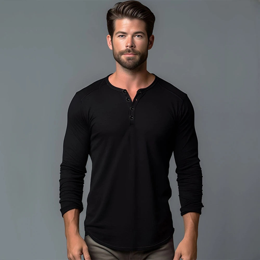 Langærmet T-shirt med Henley-hals til mænd