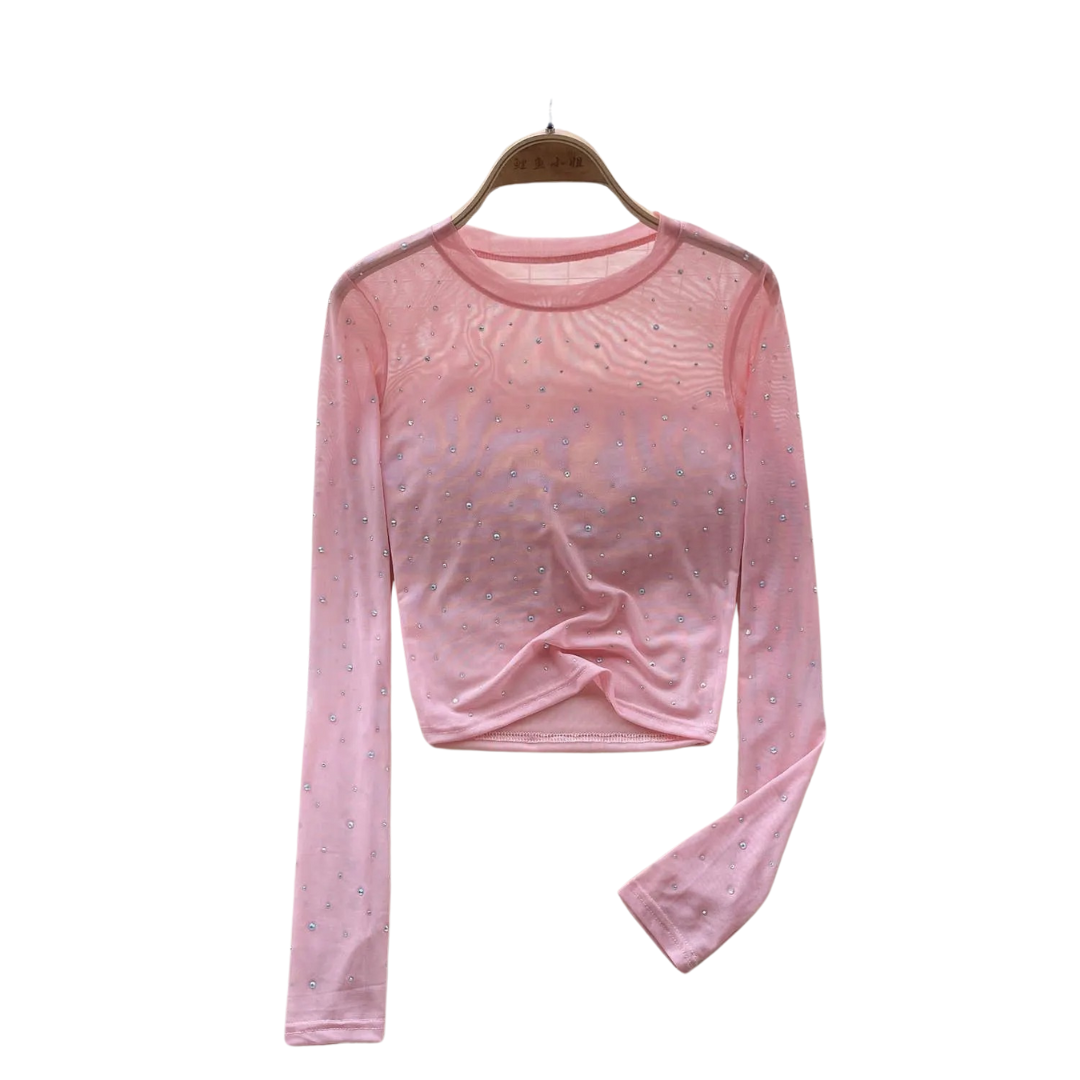Dame Rhinestone Mesh langærmet Crop Top