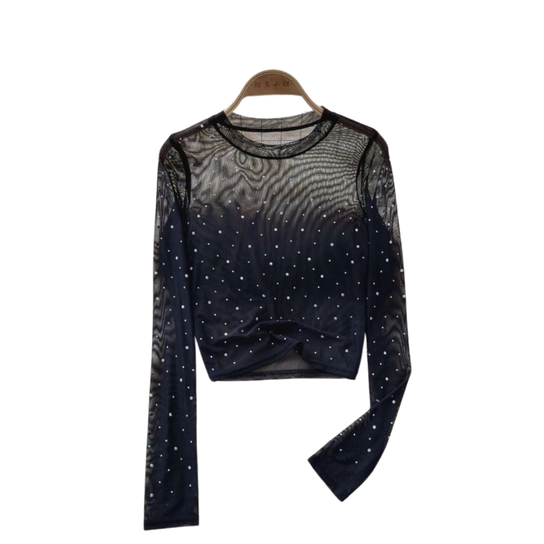Dame Rhinestone Mesh langærmet Crop Top