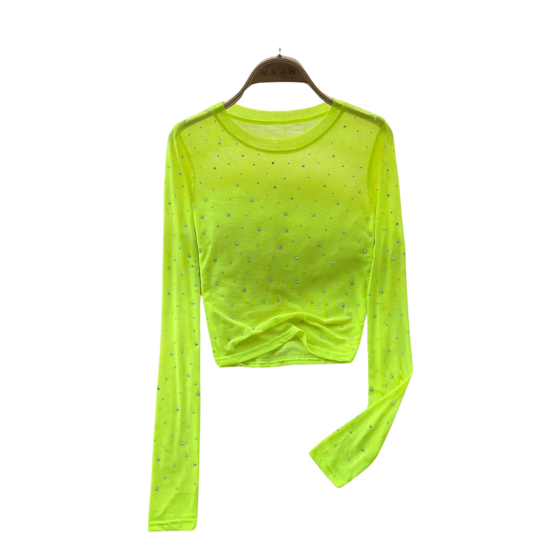 Dame Rhinestone Mesh langærmet Crop Top