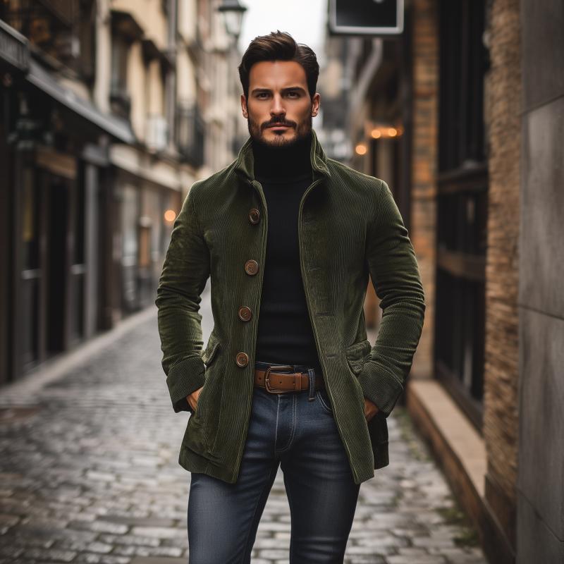 Emerson Herre Corduroy Velvet Frakke – Slim Fit med Stå-Op Krave & Elegante Lommer