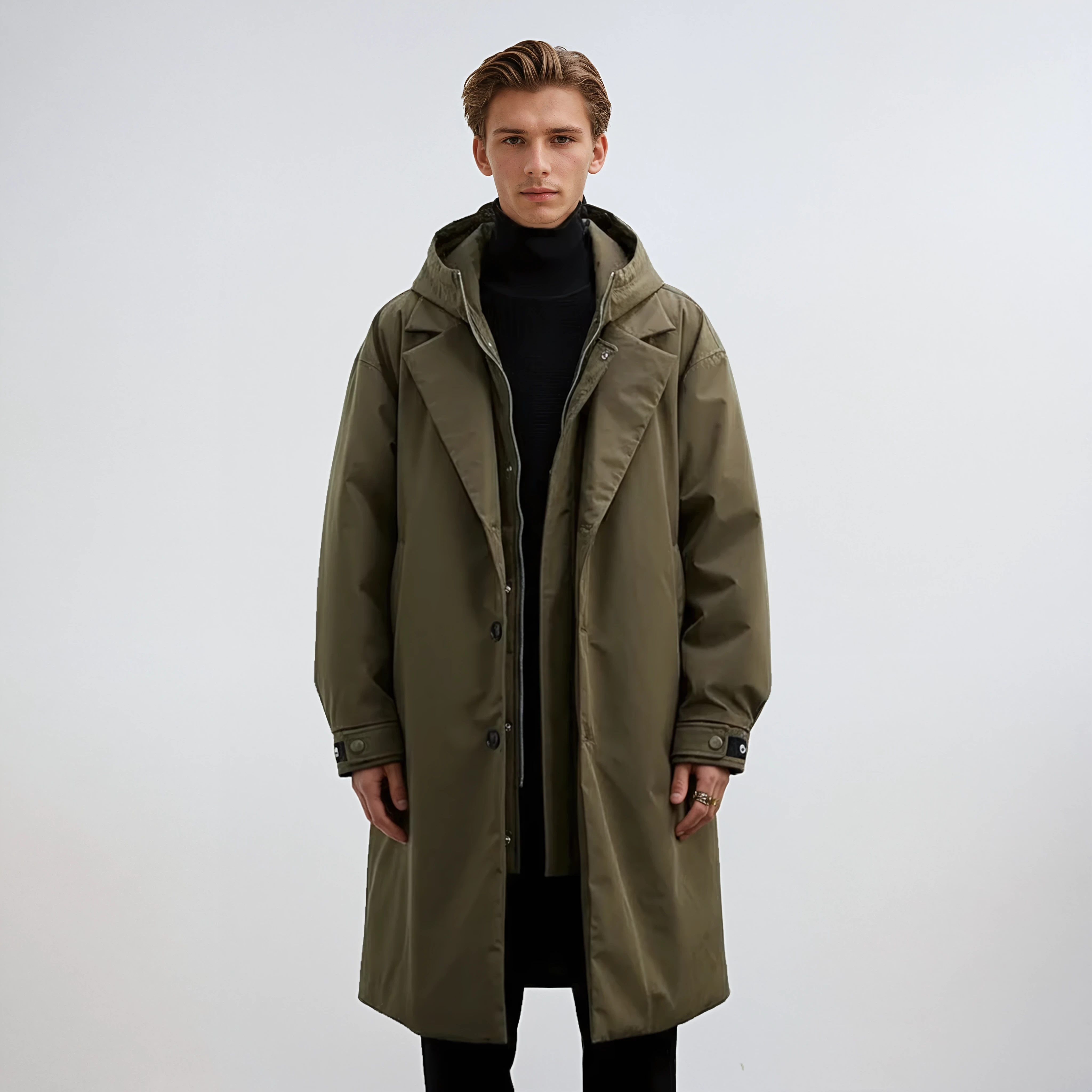 Kennington Herre Hoodie Trench Coat – Elegant Lang Frakke med Lynlås og Knaplukning