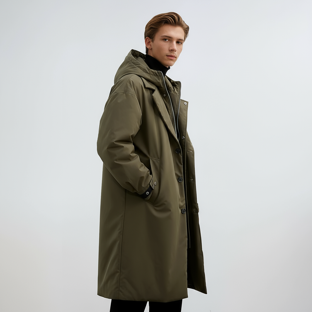 Kennington Herre Hoodie Trench Coat – Elegant Lang Frakke med Lynlås og Knaplukning