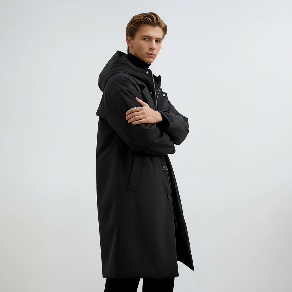 Kennington Herre Hoodie Trench Coat – Elegant Lang Frakke med Lynlås og Knaplukning