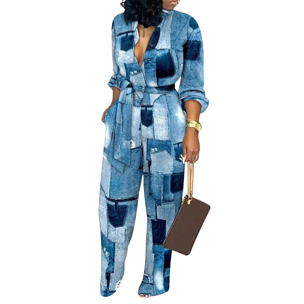 Modeprint V-hals med høj talje Jumpsuit