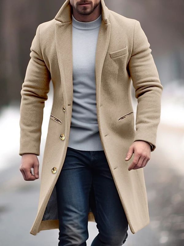 Robert Manteau Mand Vinter – Lang Elegant med Praktiske Lommer, Knapper & Tætsiddende Snit